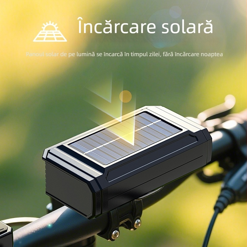 Far frontal solar pentru bicicletă, horn puternic pentru avertizare la plimbări în aer liber pe timp de noapte (încărcare USB-C, baterie 4000mAh, montaj prin suspensie)