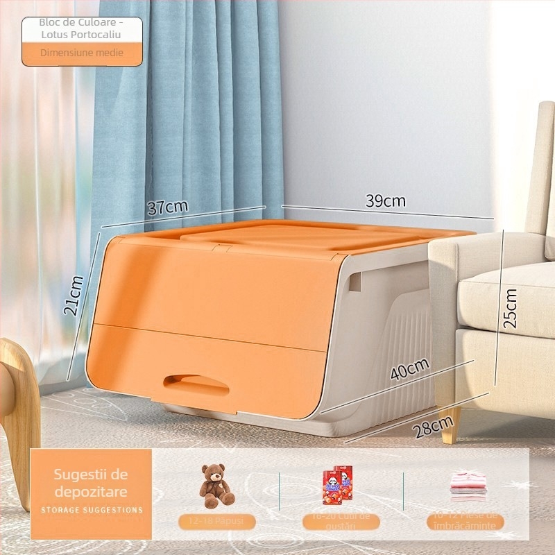 Cutie de depozitare pentru jucării cu capac flip-top și deschidere înclinată, plastic PP, 30–40 L, rezistentă la praf, multifuncțională