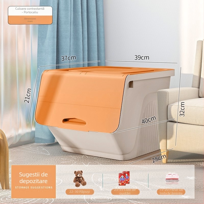 Cutie de depozitare pentru jucării cu capac flip-top și deschidere înclinată, plastic PP, 30–40 L, rezistentă la praf, multifuncțională