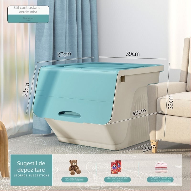 Cutie de depozitare pentru jucării cu capac flip-top și deschidere înclinată, plastic PP, 30–40 L, rezistentă la praf, multifuncțională