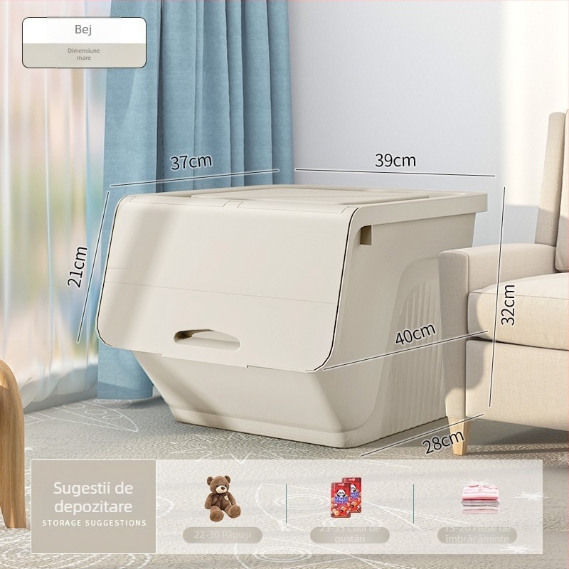 Cutie de depozitare pentru jucării cu capac flip-top și deschidere înclinată, plastic PP, 30–40 L, rezistentă la praf, multifuncțională