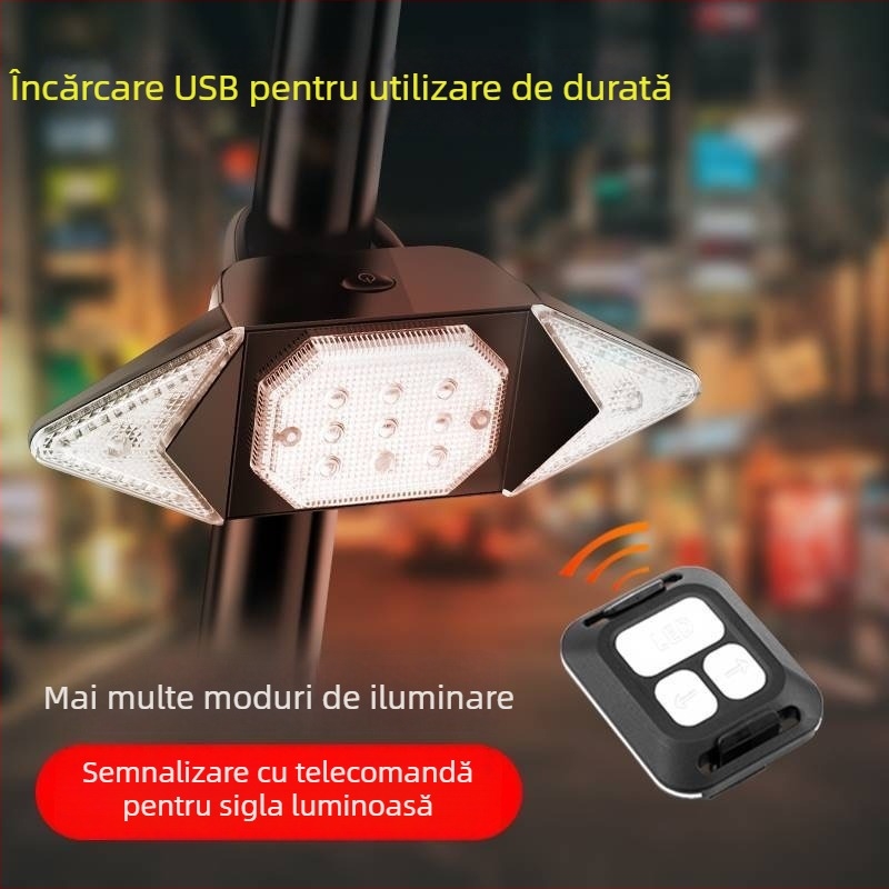 Lumină spate pentru bicicletă, semnal de virare, telecomandă fără fir, reîncărcabilă pentru biciclete de munte