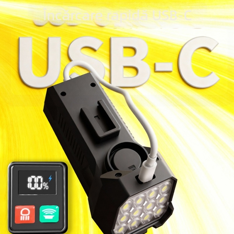 Far frontal de bicicletă, luminozitate mare, încărcare USB-C, baterie 1500mAh, prindere cu curea, pentru plimbări nocturne și călătorii lungi