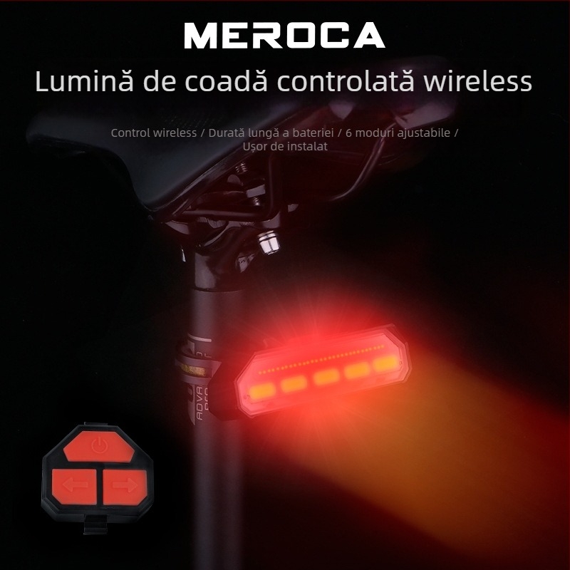 Lumină spate MEROCA pentru bicicletă — control wireless inteligent, semnalizare la viraj, lumină de avertizare, încărcare USB