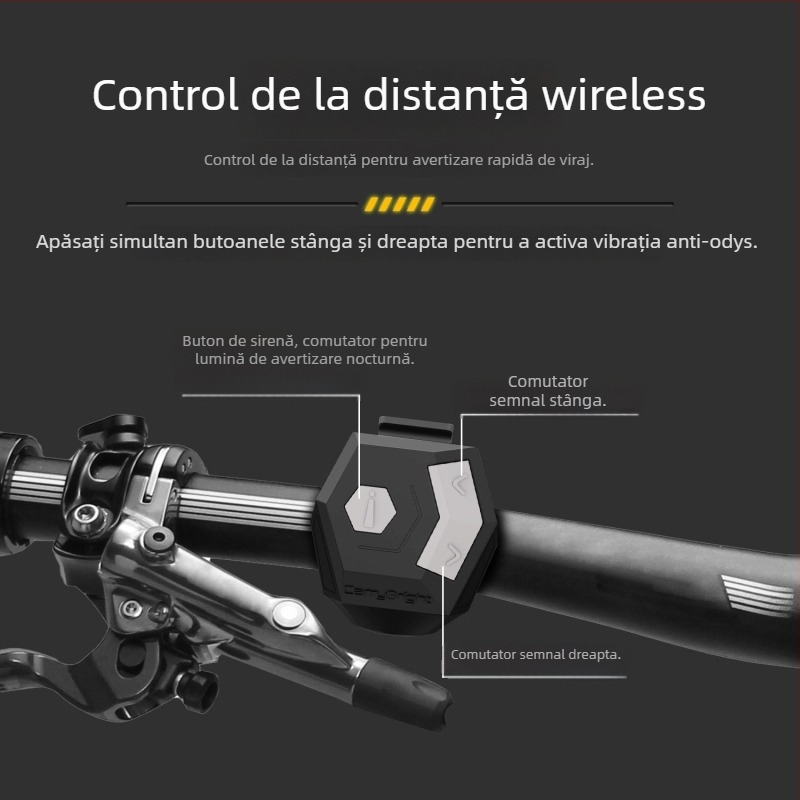 Lumini de semnalizare pentru bicicletă și vehicul electric cu claxon — patru LED-uri, design împărțit, control wireless, baterie 600mAh, instalare fără cabluri