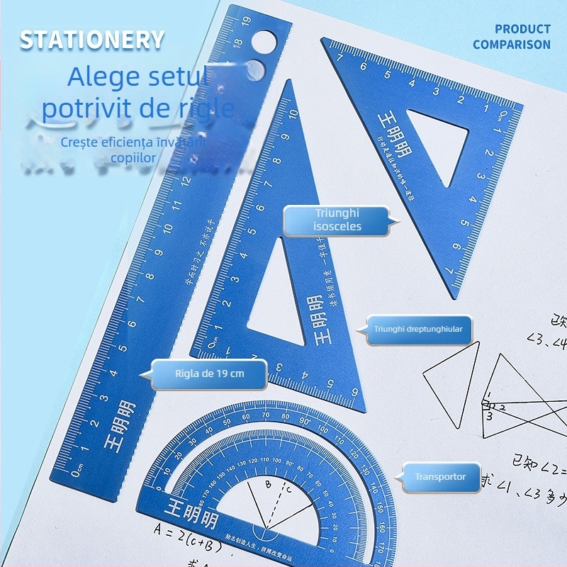 Set de patru rigle din aliaj de aluminiu cu raportor și riglă paralelă ondulată