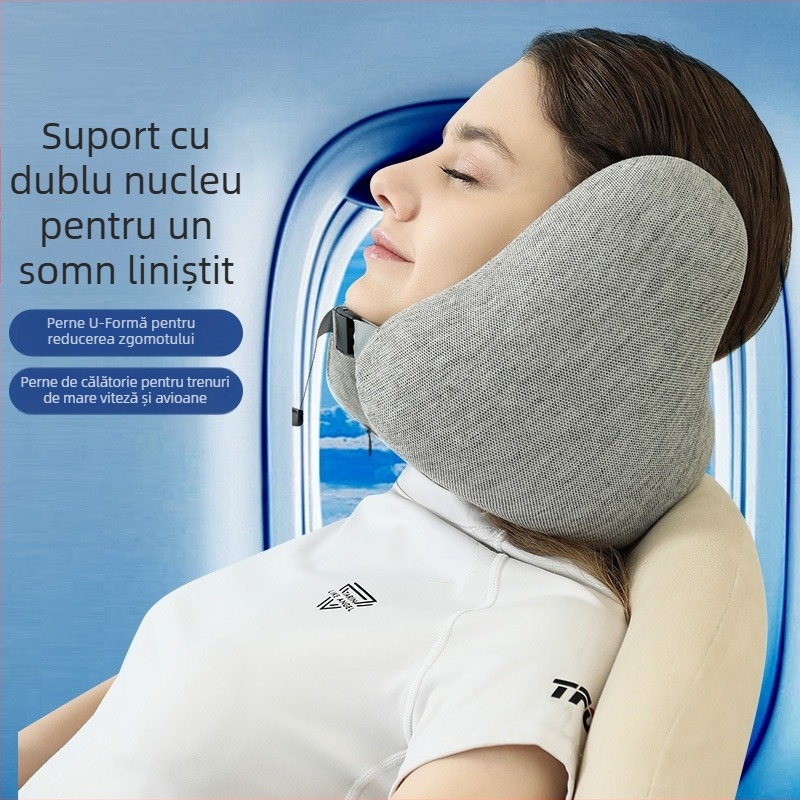 Pernă de gât în formă de U pentru călătorii, cu spumă de memorie, husă din pluș, design minimalist, potrivire universală
