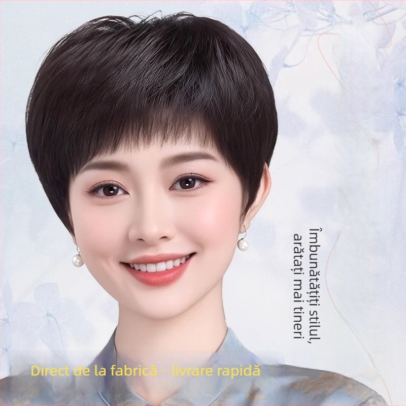 Perucă pentru femei, păr real uman, scurt drept, cu mecanism de cap, model 1021