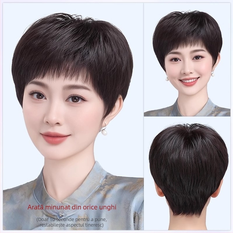 Perucă pentru femei, păr real uman, scurt drept, cu mecanism de cap, model 1021