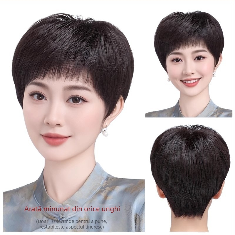 Perucă pentru femei, păr real uman, scurt drept, cu mecanism de cap, model 1021