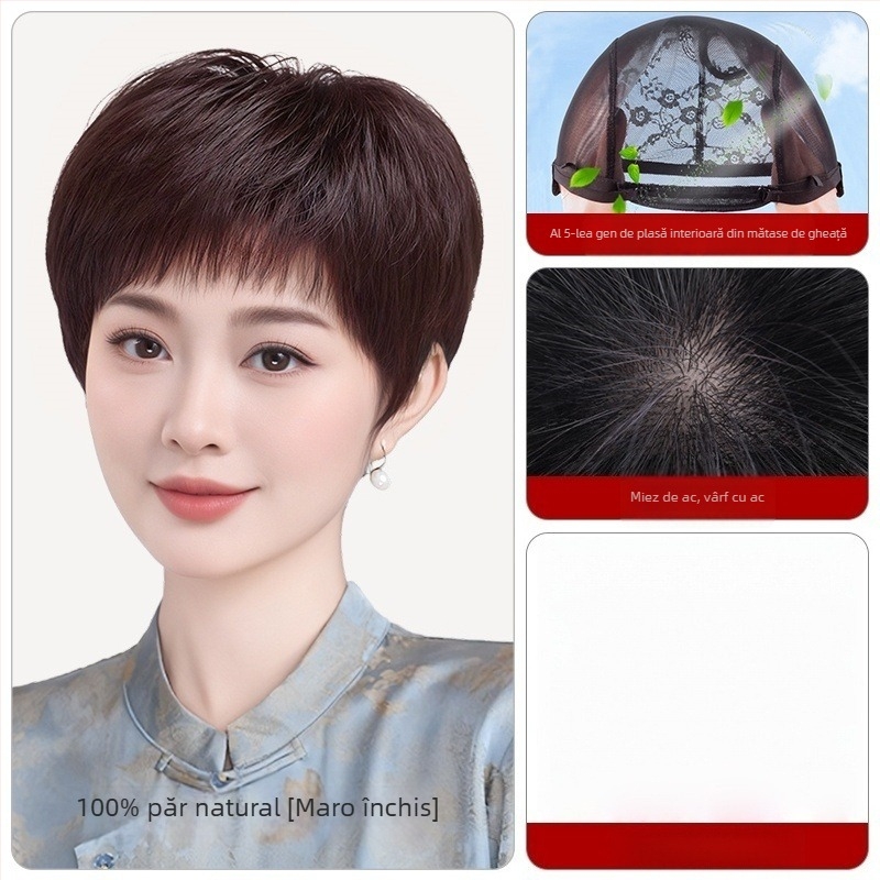 Perucă pentru femei, păr real uman, scurt drept, cu mecanism de cap, model 1021