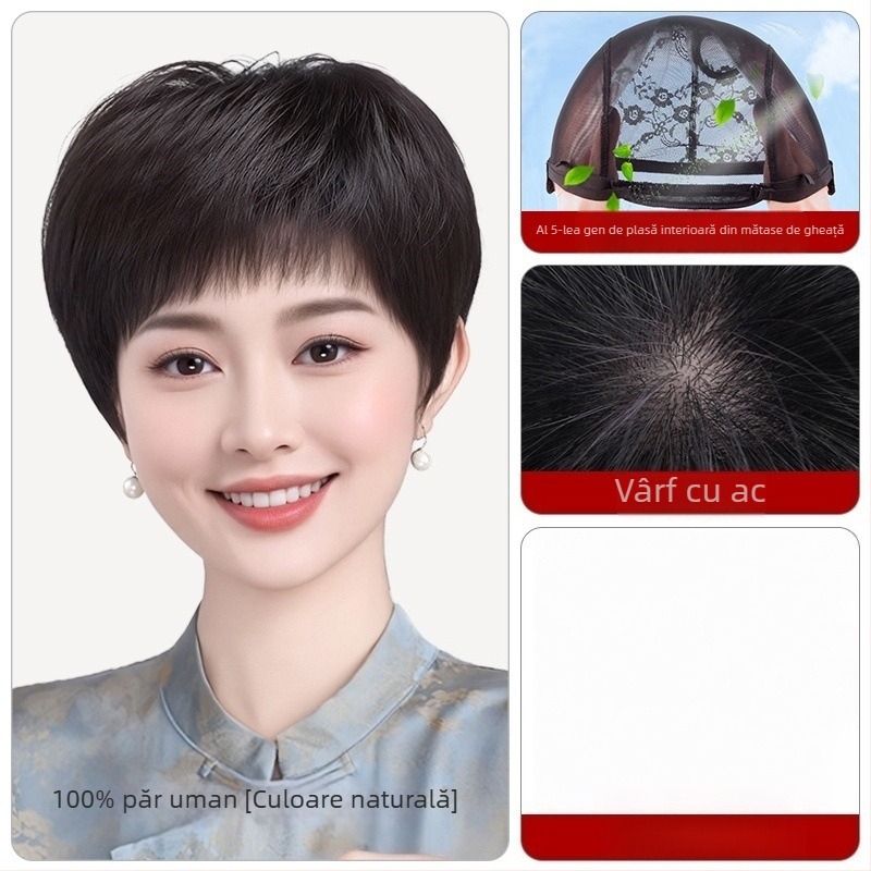Perucă pentru femei, păr real uman, scurt drept, cu mecanism de cap, model 1021