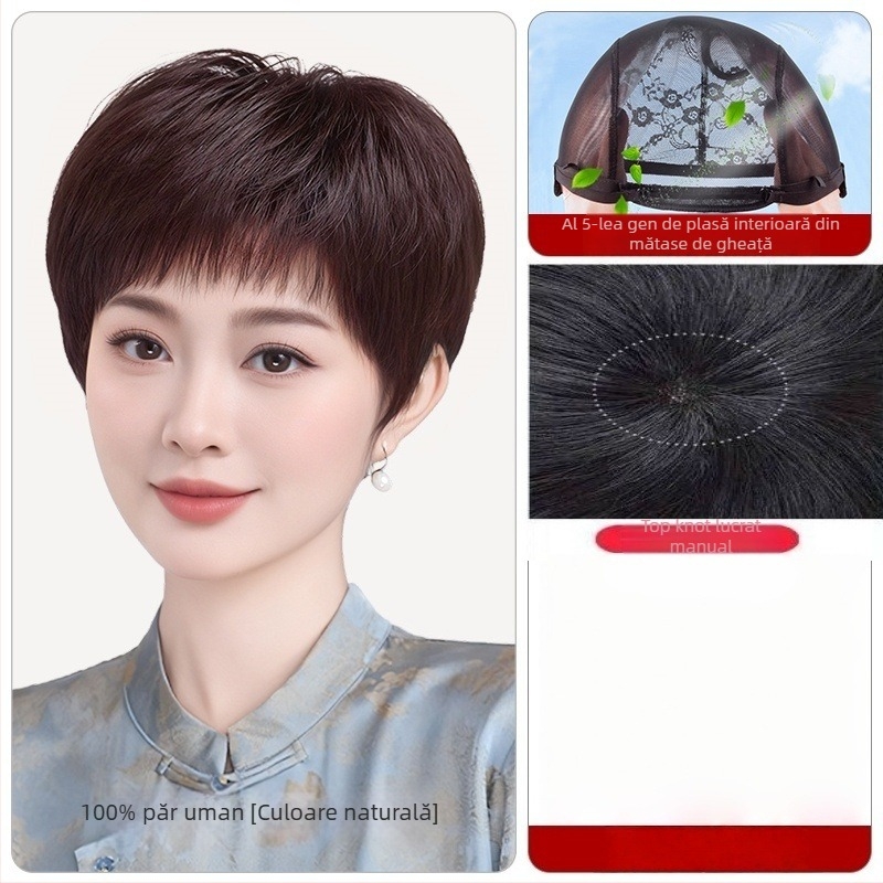 Perucă pentru femei, păr real uman, scurt drept, cu mecanism de cap, model 1021