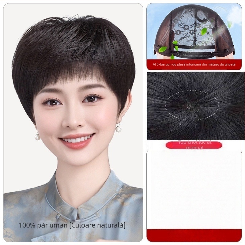 Perucă pentru femei, păr real uman, scurt drept, cu mecanism de cap, model 1021