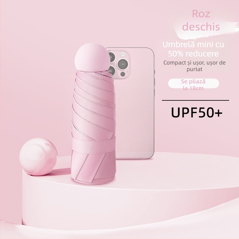 Umbrelă capsulă cu UPF50+ protecție solară, material 190T impact, schelet din aliaj și mâner din aliaj, 6 brațe, deschidere și închidere manuală