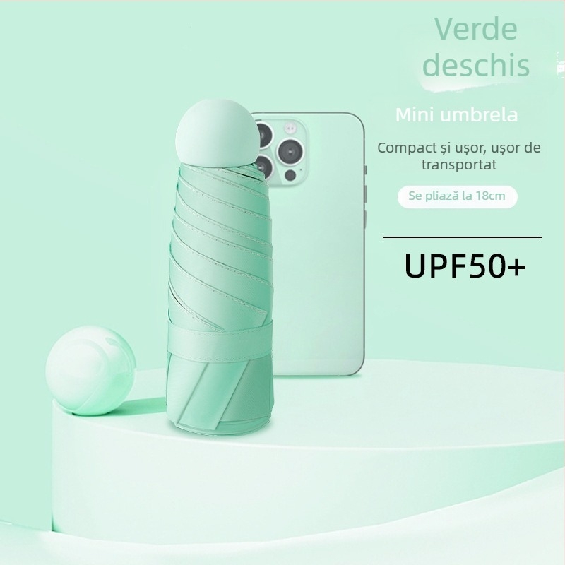 Umbrelă capsulă cu UPF50+ protecție solară, material 190T impact, schelet din aliaj și mâner din aliaj, 6 brațe, deschidere și închidere manuală