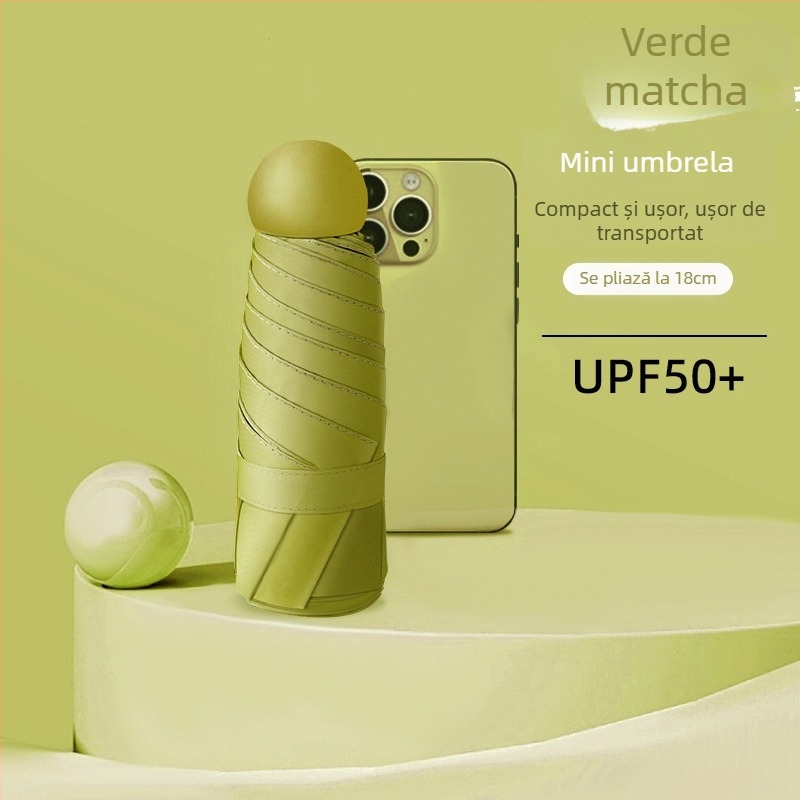 Umbrelă capsulă cu UPF50+ protecție solară, material 190T impact, schelet din aliaj și mâner din aliaj, 6 brațe, deschidere și închidere manuală