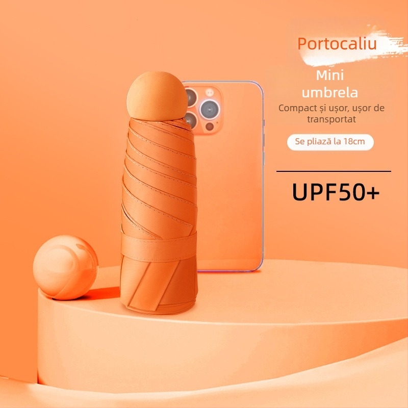 Umbrelă capsulă cu UPF50+ protecție solară, material 190T impact, schelet din aliaj și mâner din aliaj, 6 brațe, deschidere și închidere manuală