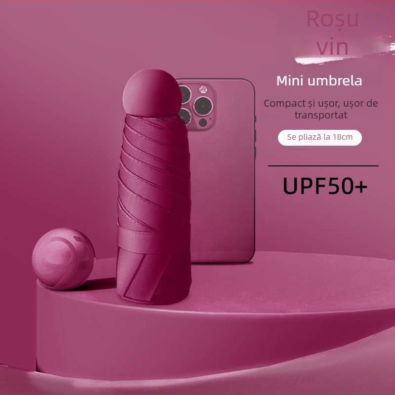 Umbrelă capsulă cu UPF50+ protecție solară, material 190T impact, schelet din aliaj și mâner din aliaj, 6 brațe, deschidere și închidere manuală