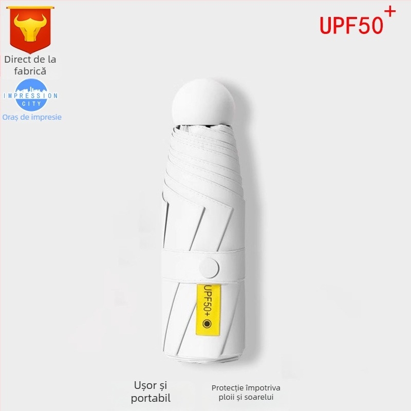 Umbrelă capsulă cu UPF50+ protecție solară, material 190T impact, schelet din aliaj și mâner din aliaj, 6 brațe, deschidere și închidere manuală