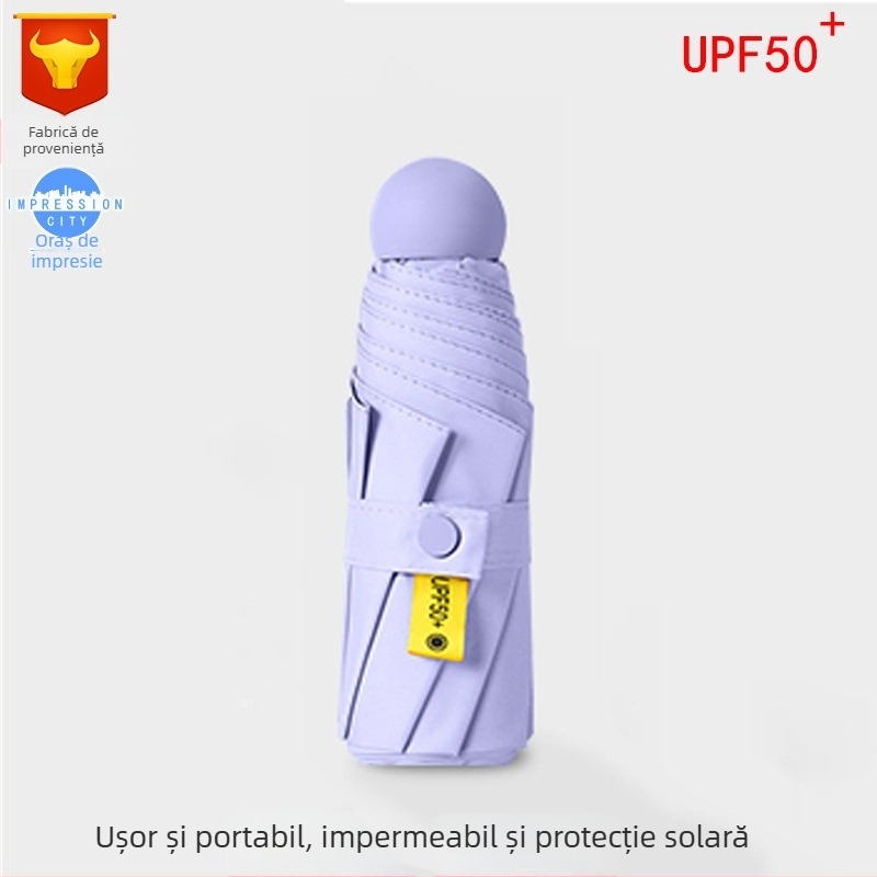Umbrelă capsulă cu UPF50+ protecție solară, material 190T impact, schelet din aliaj și mâner din aliaj, 6 brațe, deschidere și închidere manuală