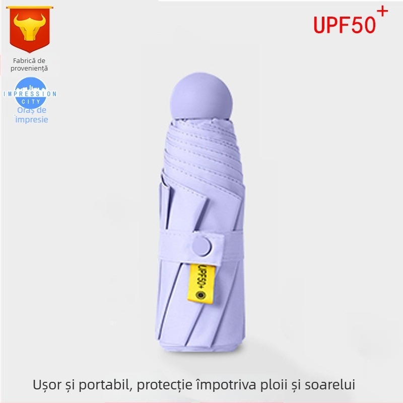 Umbrelă capsulă cu UPF50+ protecție solară, material 190T impact, schelet din aliaj și mâner din aliaj, 6 brațe, deschidere și închidere manuală
