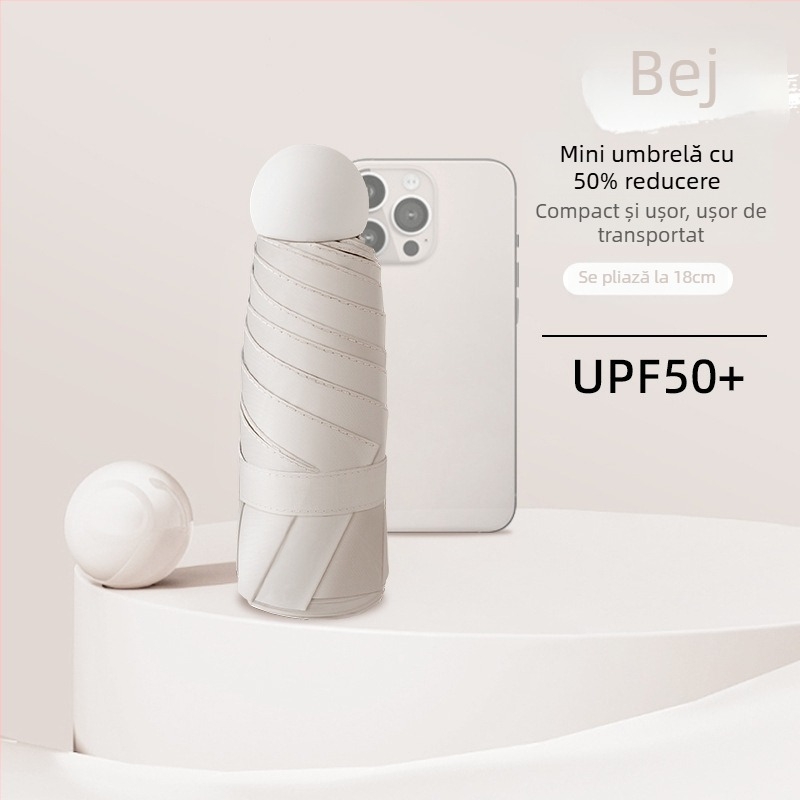 Umbrelă capsulă cu UPF50+ protecție solară, material 190T impact, schelet din aliaj și mâner din aliaj, 6 brațe, deschidere și închidere manuală