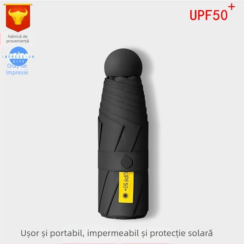 Umbrelă capsulă cu UPF50+ protecție solară, material 190T impact, schelet din aliaj și mâner din aliaj, 6 brațe, deschidere și închidere manuală