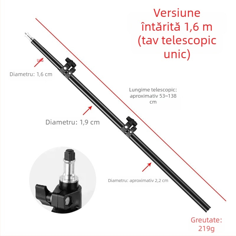 Stativ telescopic pentru lampă de proiecție (Aliaj de aluminiu, Sarcină: 1, Înălțime: 1,4 m, Diametru țeavă: 1,9–2,2 cm, Secțiuni: 2)