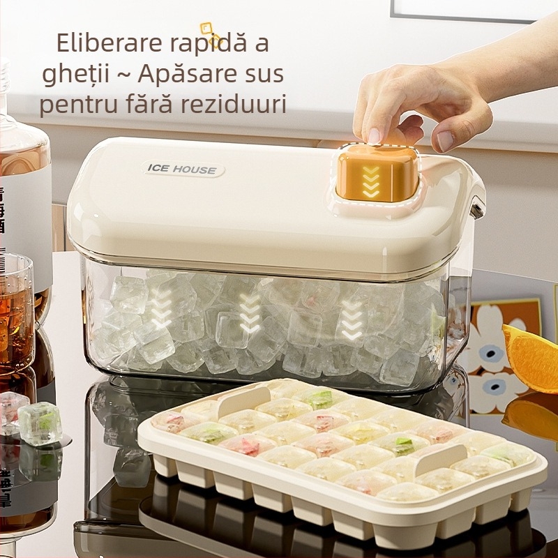 Formă pentru cuburi de gheață, capacitate mare, alimentară, pentru uz casnic, cu capac, demoldare ușoară, un buton pentru producerea gheții, compatibil DIY hrănire bebeluși