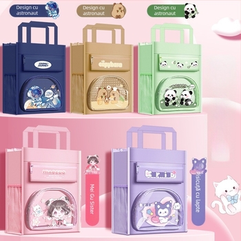 Geantă cartoon pentru elevi de clasa primară - geantă de fișiere de mână, capacitate mare pentru cărți, închidere cu fermoar, Oxford material, Bu Shang Morning