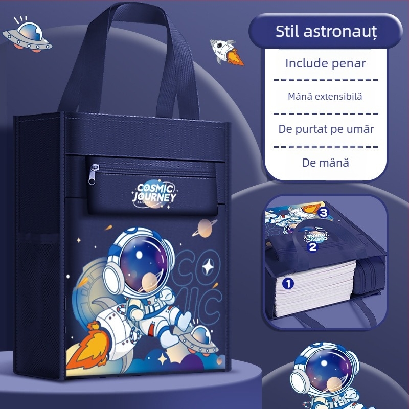 Geantă cartoon pentru elevi de clasa primară - geantă de fișiere de mână, capacitate mare pentru cărți, închidere cu fermoar, Oxford material, Bu Shang Morning