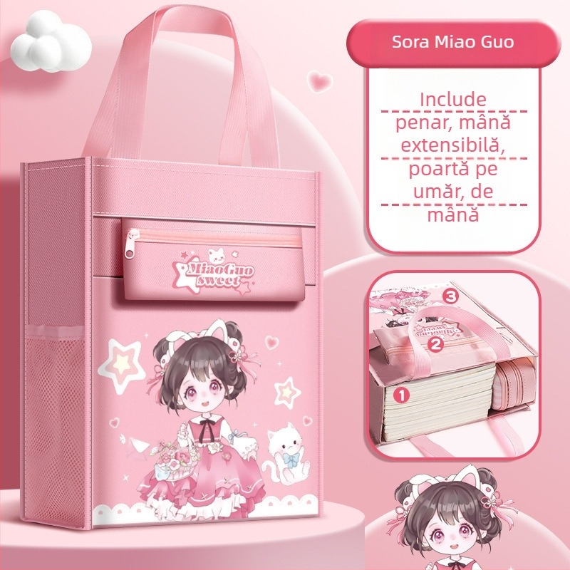 Geantă cartoon pentru elevi de clasa primară - geantă de fișiere de mână, capacitate mare pentru cărți, închidere cu fermoar, Oxford material, Bu Shang Morning