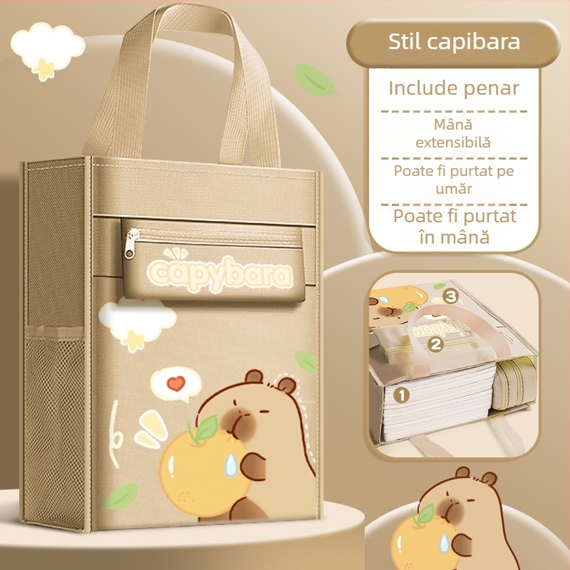 Geantă cartoon pentru elevi de clasa primară - geantă de fișiere de mână, capacitate mare pentru cărți, închidere cu fermoar, Oxford material, Bu Shang Morning