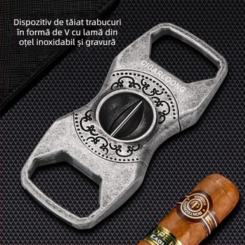 Tăietor de trabucuri din oțel inoxidabil, portabil, finisaj argintiu antic și auriu, design gravat luxos