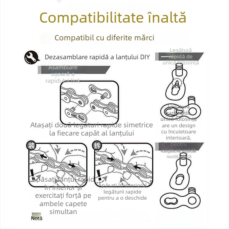 Lanț de bicicletă cu încuietoare Magic Buckle, model universal, oțel, compatibil MTB 8-11 viteze și road 24/27/30 viteze, tensiune de rupere 1000