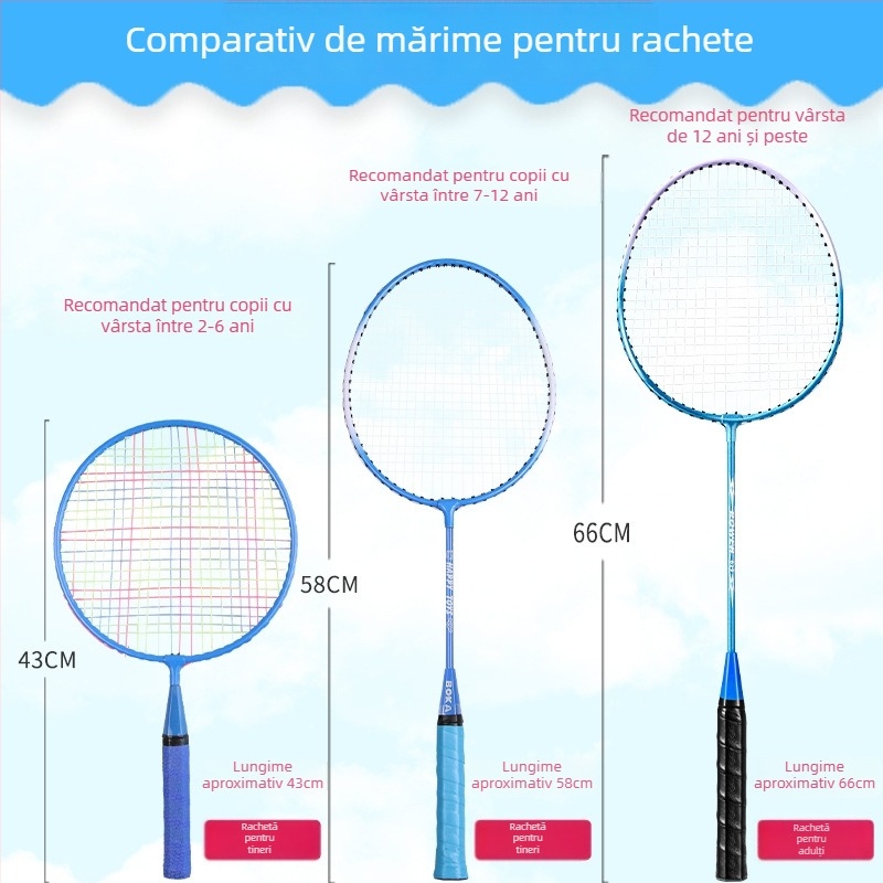 Rachetă de badminton pentru copii, durabilă – pentru vârsta 2–12 ani, ramă din aliaj de fier, greutate 95–100 g, șnururi nylon