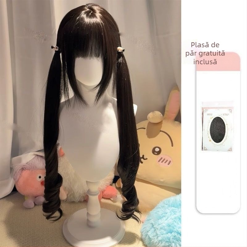 Perucă pentru femei cu cozi duble, păr lung și buclat, fibre rezistente la temperatură, Qi bangs, acoperire de cap Lolita