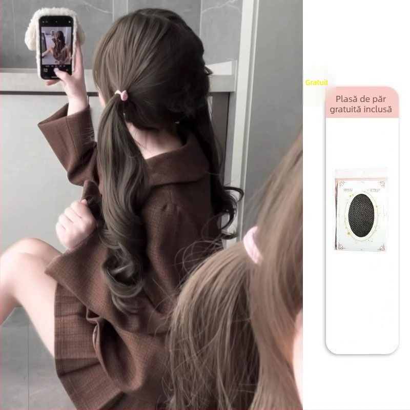 Perucă pentru femei cu cozi duble, păr lung și buclat, fibre rezistente la temperatură, Qi bangs, acoperire de cap Lolita