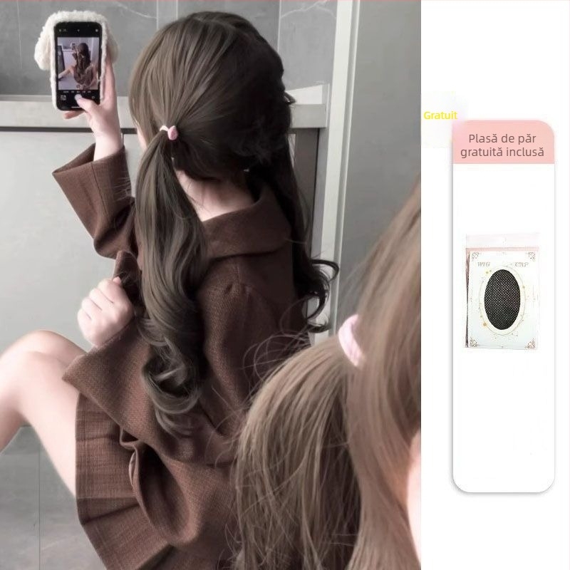 Perucă pentru femei cu cozi duble, păr lung și buclat, fibre rezistente la temperatură, Qi bangs, acoperire de cap Lolita