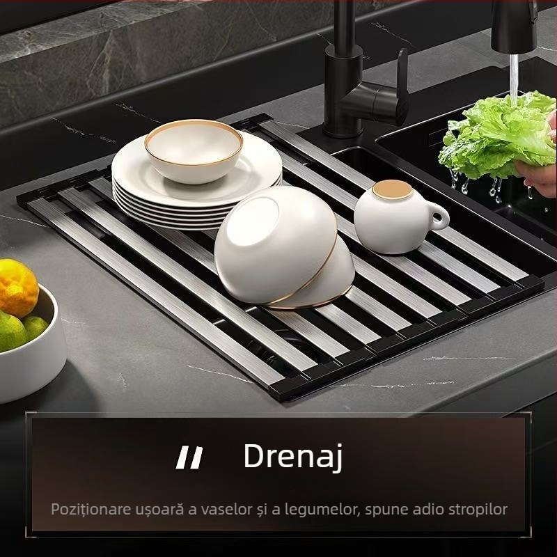 Raft de scurgere pentru chiuvetă din oțel inoxidabil, extensibil și pliabil, montat pe perete, stil modern minimalist.