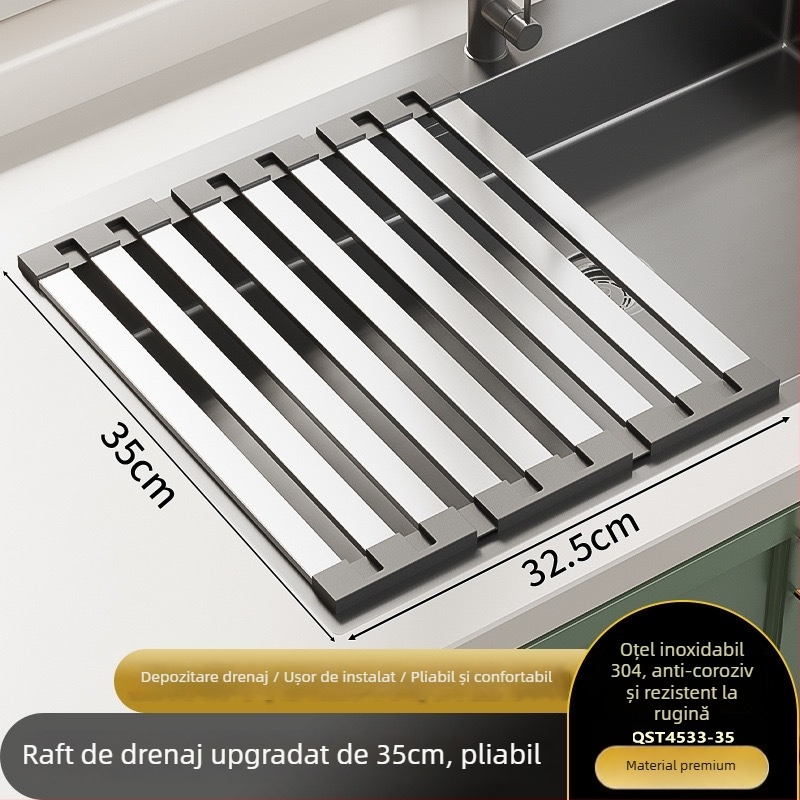 Raft de scurgere pentru chiuvetă din oțel inoxidabil, extensibil și pliabil, montat pe perete, stil modern minimalist.