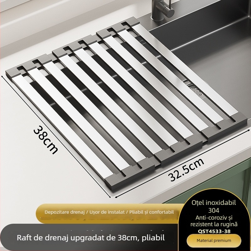 Raft de scurgere pentru chiuvetă din oțel inoxidabil, extensibil și pliabil, montat pe perete, stil modern minimalist.