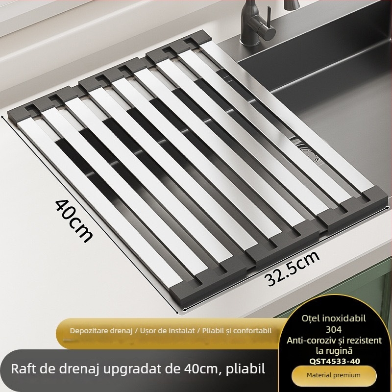 Raft de scurgere pentru chiuvetă din oțel inoxidabil, extensibil și pliabil, montat pe perete, stil modern minimalist.