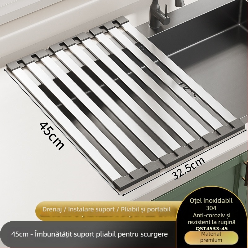 Raft de scurgere pentru chiuvetă din oțel inoxidabil, extensibil și pliabil, montat pe perete, stil modern minimalist.
