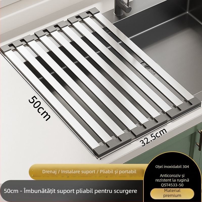 Raft de scurgere pentru chiuvetă din oțel inoxidabil, extensibil și pliabil, montat pe perete, stil modern minimalist.