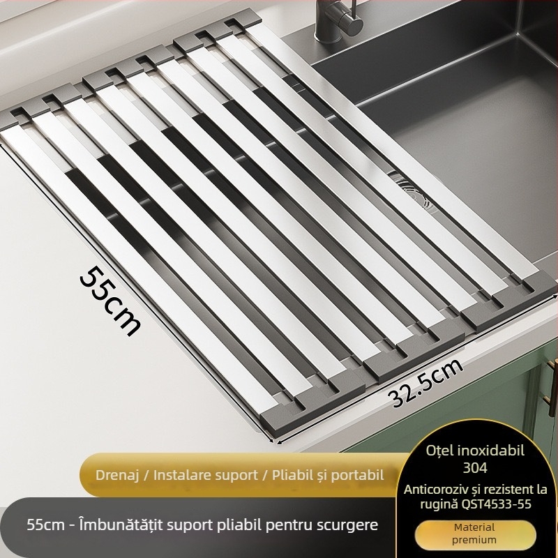 Raft de scurgere pentru chiuvetă din oțel inoxidabil, extensibil și pliabil, montat pe perete, stil modern minimalist.