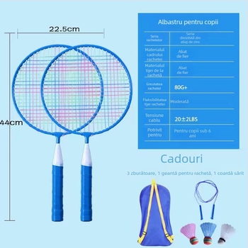 Rachetă de badminton pentru copii, ramă dreaptă, material ramă: aliaj de fier, greutate 95–100 g, grosime priză G2, rigiditate ax medie