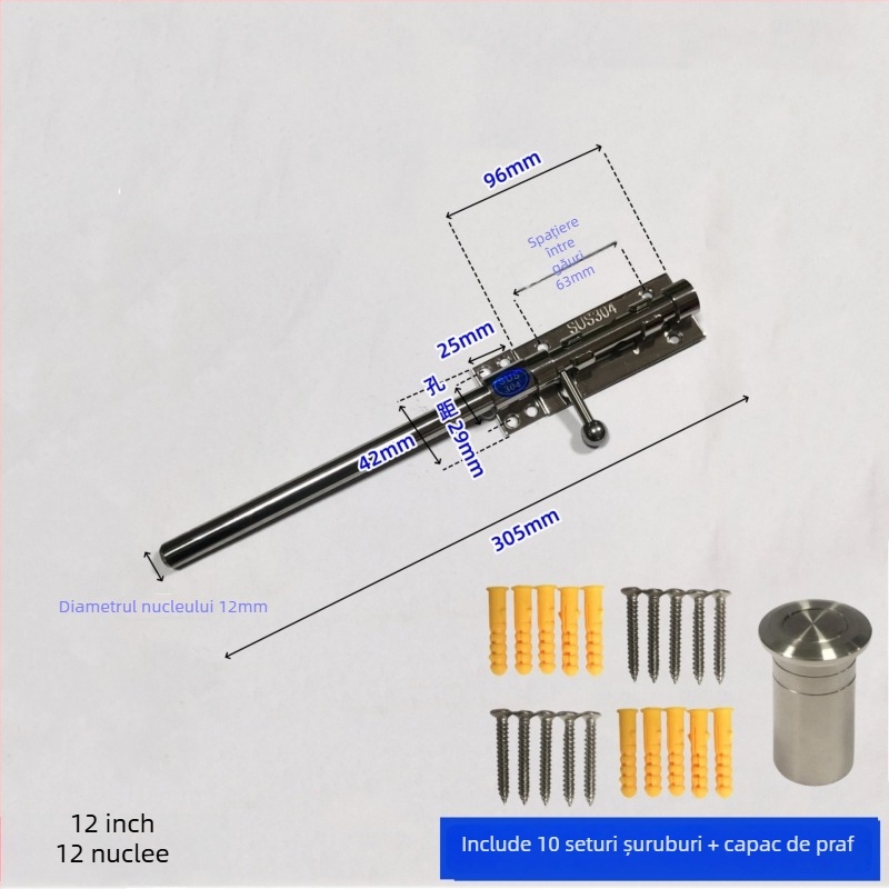Broască de ușă tip Cer și Pământ, din oțel inoxidabil, suprafață lustruită, set cu broaște superioare și inferioare cu capac anti-praf