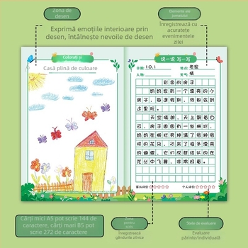Notebook cu grilaj pentru clasele I–II, pagini de scriere cu pinyin, stil japonez-coreean drăguț; copertă din hârtie; conținut din pulpă brută de lemn; greutatea hârtiei 80 g/m²